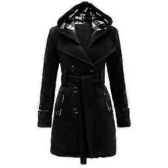 Casaco de inverno feminino de feltro com abotoamento duplo, capuz e cinto na cintura.