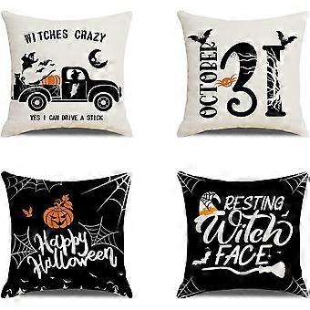 Heytea 4 Pack Halloween Pillow Covers, 18 x 18 Inch Throw Pillowcase Linen Cushion Case, White Black Happy Halloween Throw Cushion Covers Fall Pumpkin