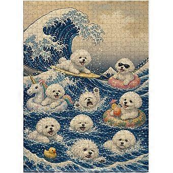 Bichon Frises Off Kanagawa Jigsaw Puzzle - Adorable Edition of the Classic Art SQZ081
