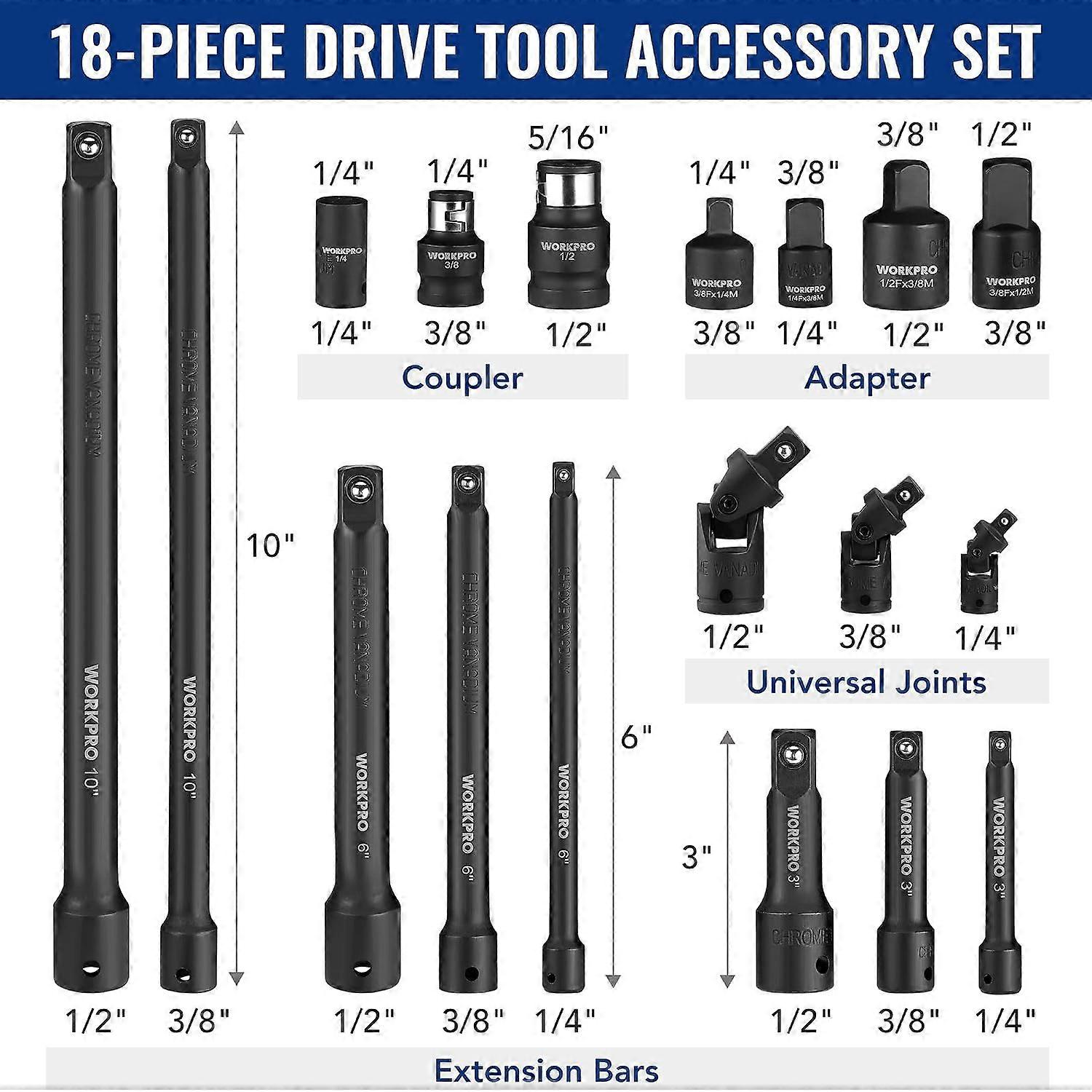 WORKPRO 18-Piece Impact Socket Extension Set, 1/4", 3/8" & 1/2" Drive