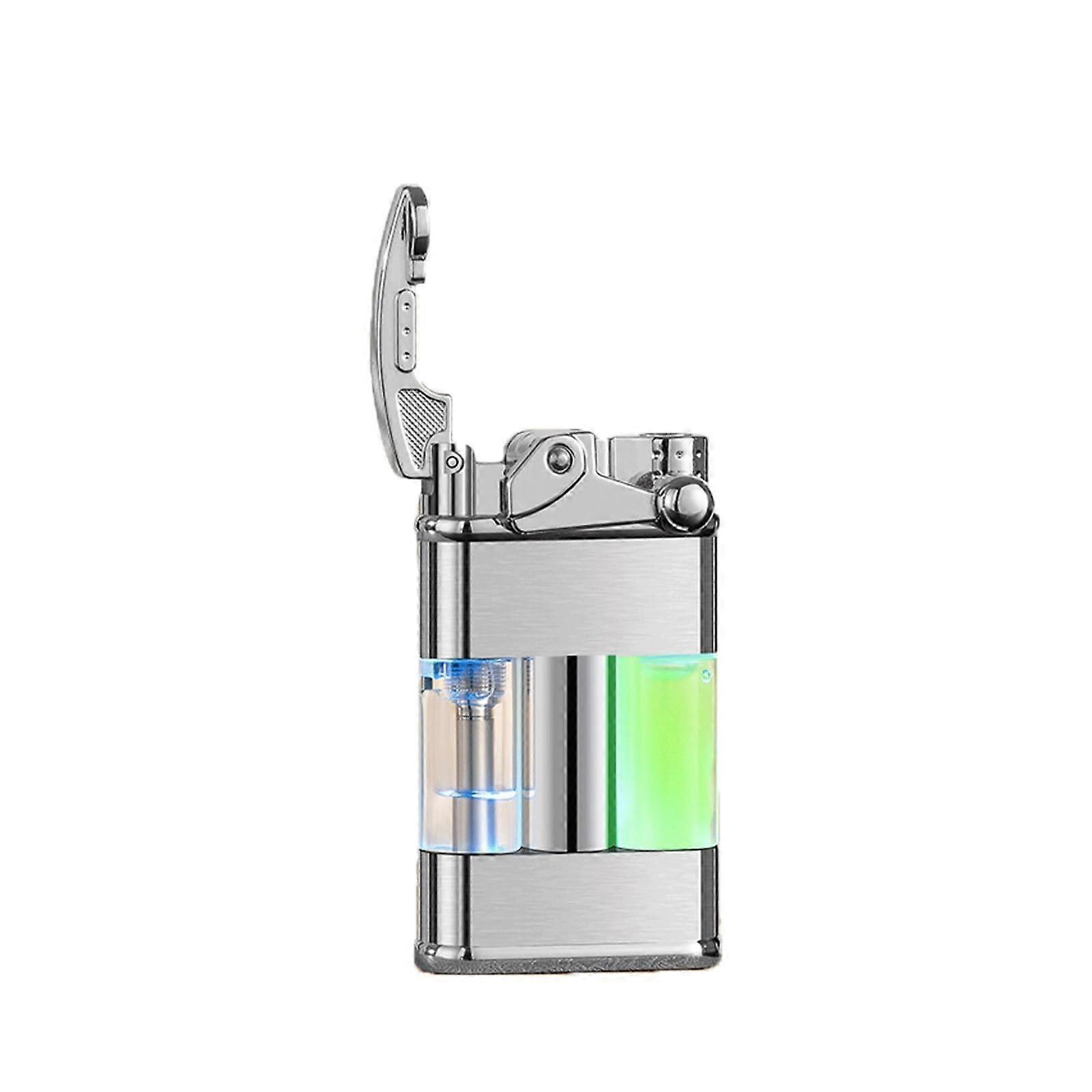 Torch Lighter Silver Refillable Butane with Windproof Green Flame Adjustable Control and Fuel Window for Camping