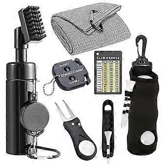 Kit di accessori da golf da 7 pezzi, con panno per la pulizia delle mazze da golf, sacca per palline, strumento per riparare le zolle, contapunti, tabella di tiro, elevatore per tee.