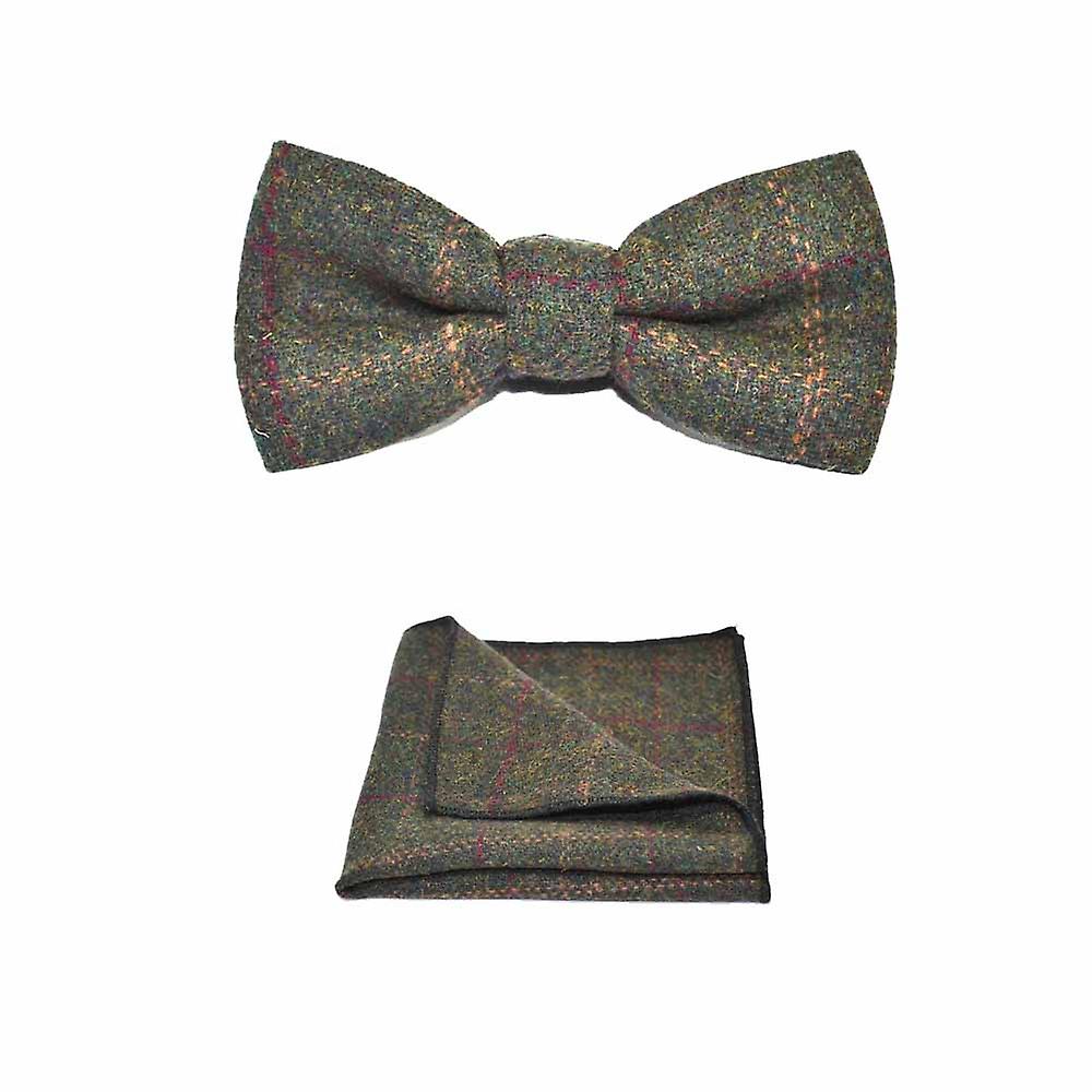 Heritage Check Moss Green Bow Tie & Pocket Square Set