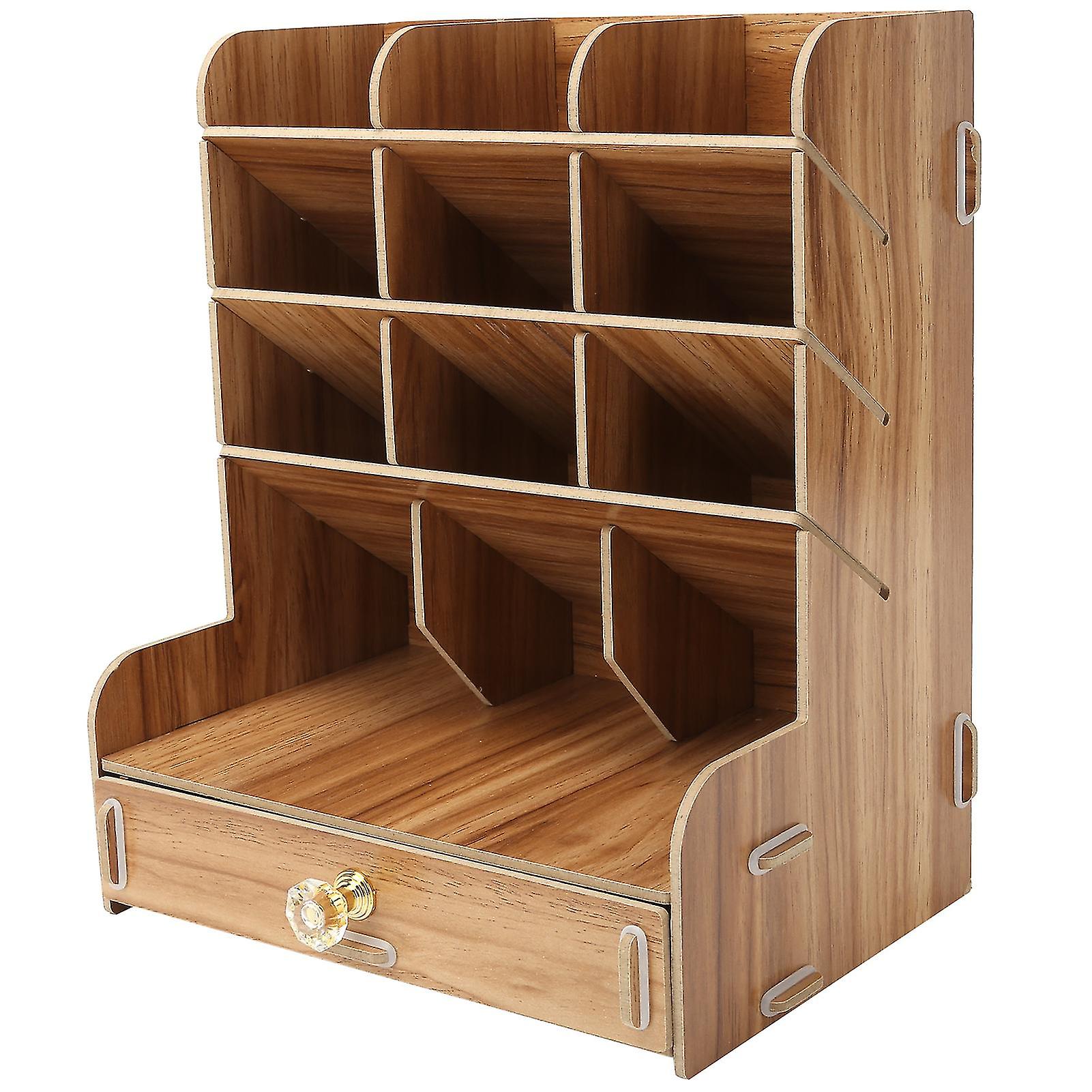 Wood Desktop Bookshelf Multi Function Pen Holder Stationery Box for Home Office Use(Cherry Wood Color )