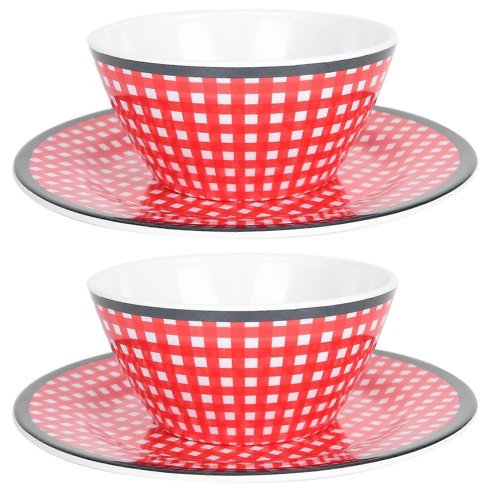 4pcs Tableware Set Imitation Porcelain Plates and Bowls Red Grid Design Salad Bowls Durable Kitchen Dinnerware Kit
