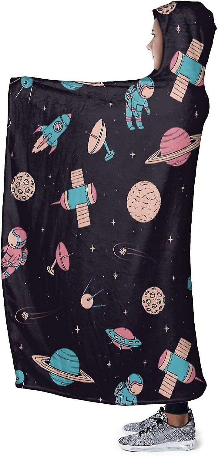 Cosmonaut Planet Rocket Hooded Blanket Soft Plush Wearable Blanket Warm Hooded Robe Poncho Cape Wrap Bathrobe Sofa Sleeping Throw Flannel Bedding 60"x