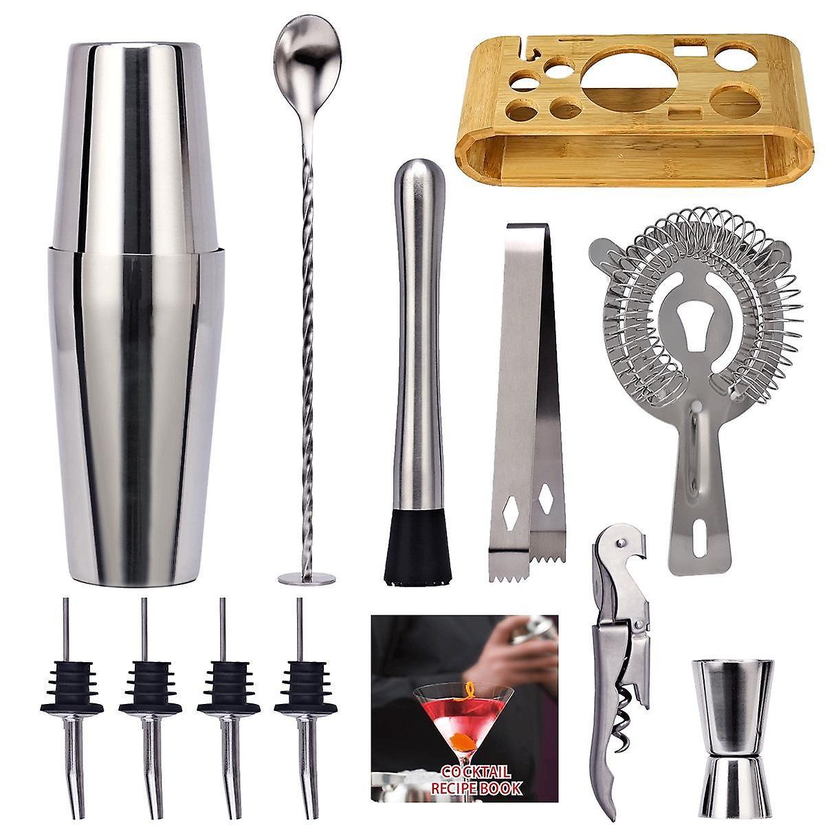 Stainless steel oval bamboo stand cocktail shaker cocktail tool set 12-piece Boston