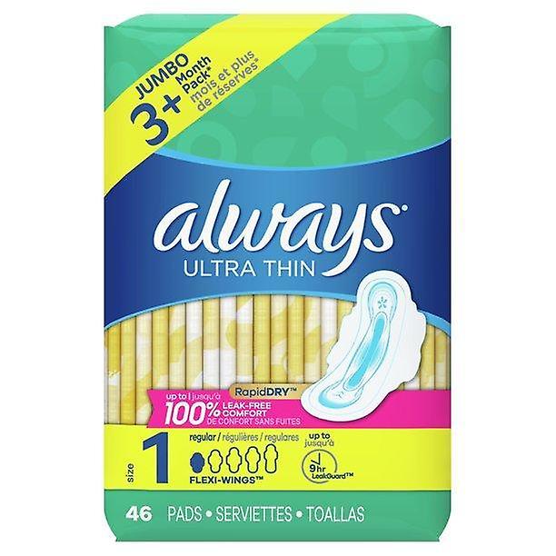 Always Ultra Thin Regular Pads With Wings, Unscented, Size 1, 46 Ct