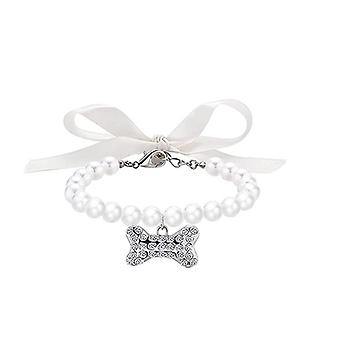 Veeki Dog Cat Pearl Collar Necklace with Rhinestone Bone, Fancy Cat Wedding Collar Jewelry for Cat Puppy Dogs Pets S