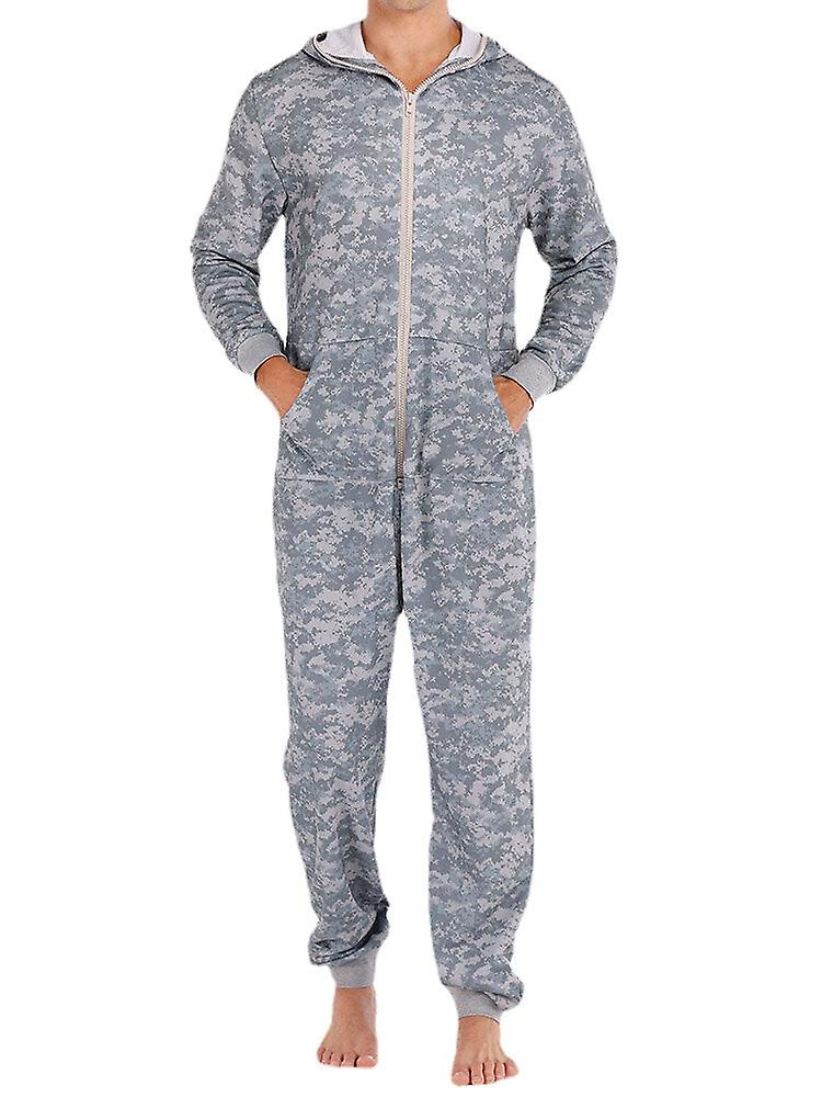 Men's Gray Camo Thermal Hooded Loungewear Jumpsuit With Pockets - Zip Down, Loose Fit Pajamas