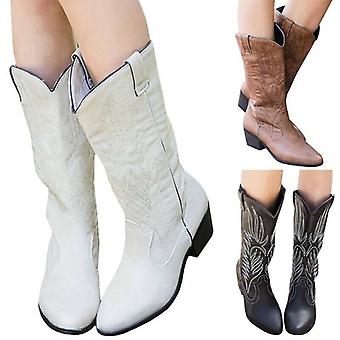 Vintage Women's Cowgirl Western Cowboy Boots Ladies Mid Wide Calf Shoes PU