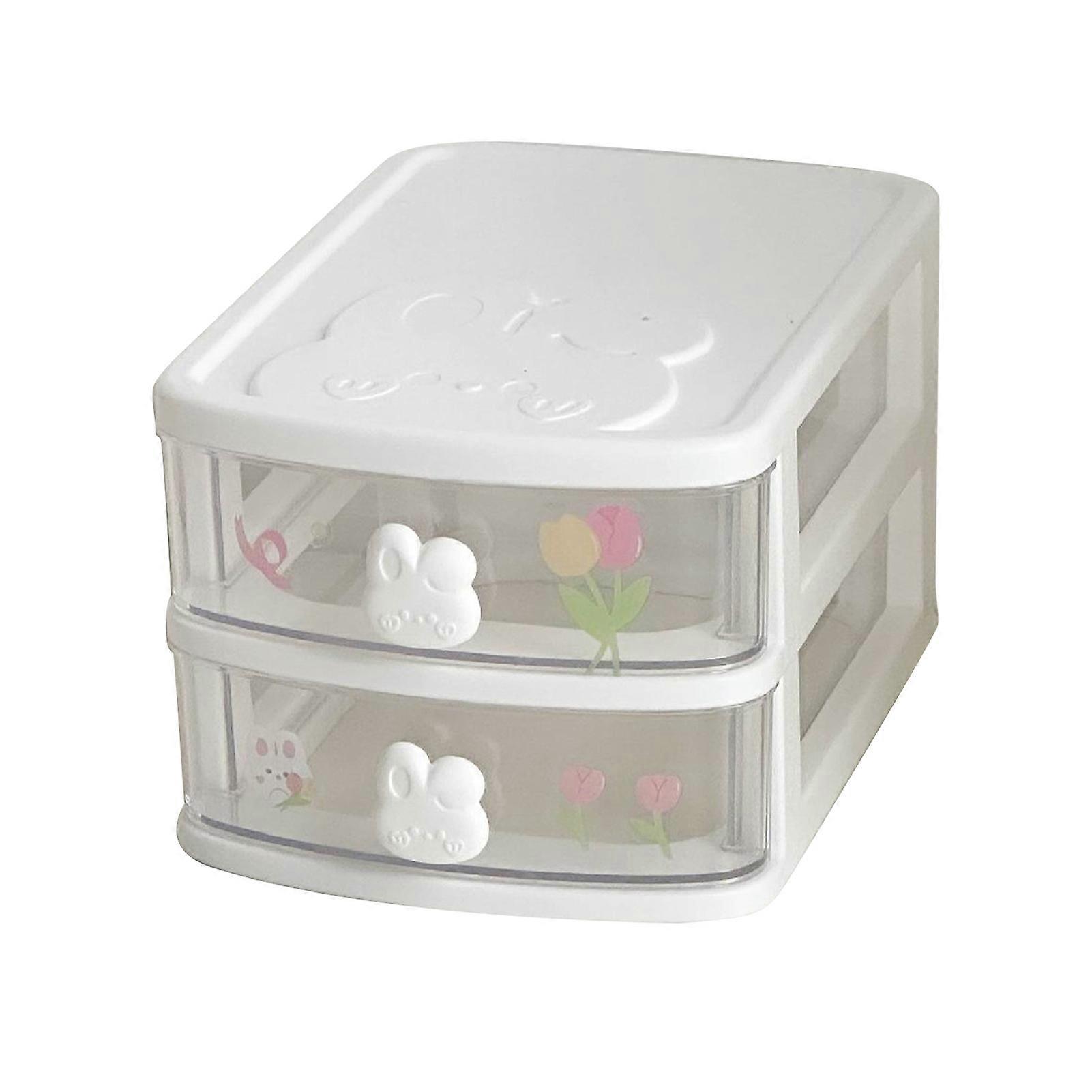 2-Tier White Plastic Drawer Organizer with Rabbit Handle for Desk & Bathroom