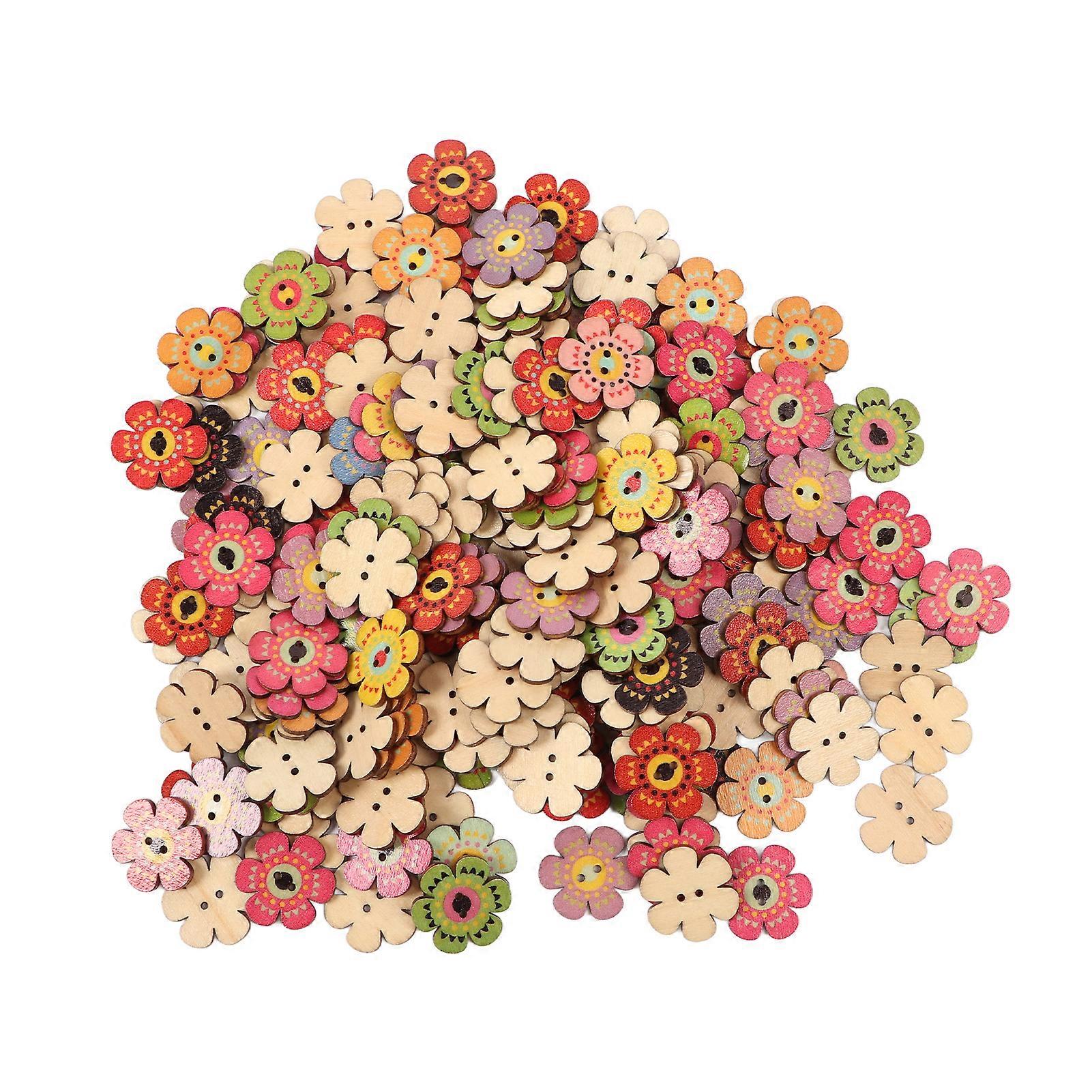 Flower Buttons Retro Rich Styles Vivid Colors Durable Wood Wide Application Craft Buttons for Clothing Bag DIY 200Pcs(25mm) Random Style