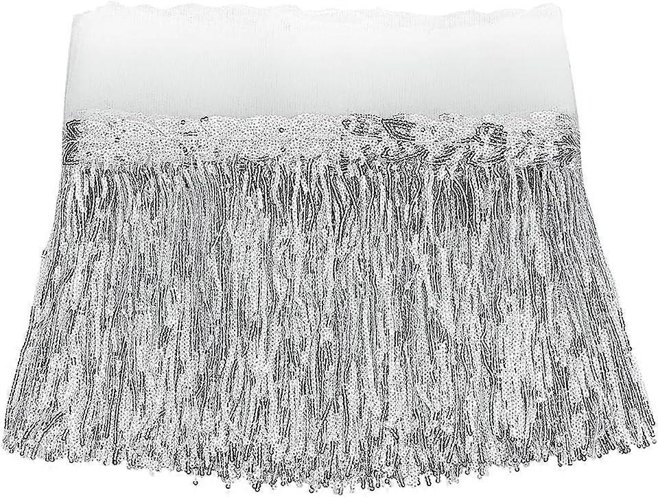 10Yards Silver Sequin Sewing Fringe Trim 13inch Wide Sparkling Sequins Lace Tassel Fringe Trim with Leaf Shape Embellishment