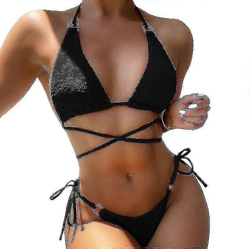 Solid Color Bikini Set Sexy Slim Maillot de bain Petite couverture de poitrine rassemblée Enveloppement Maillot de bain Taille basse Laçage Split Maillot de bain