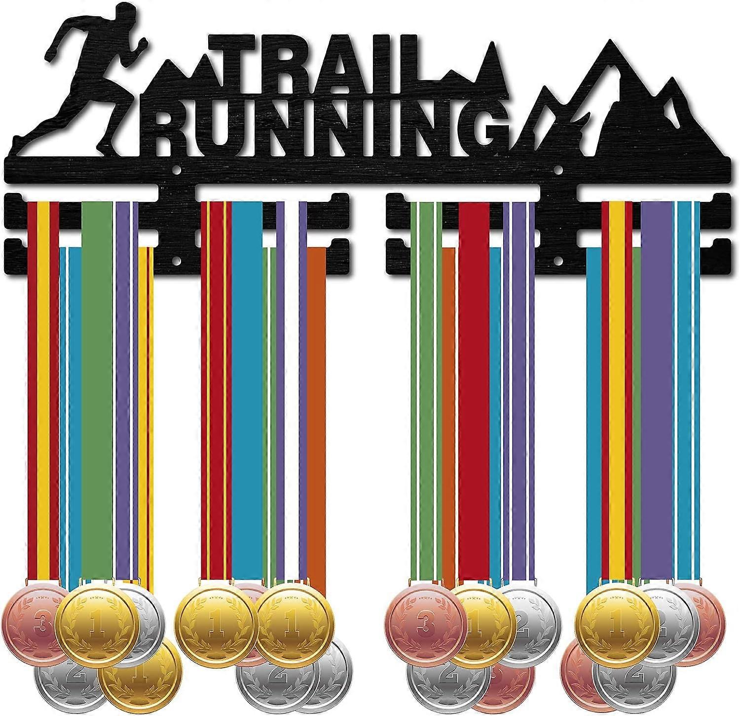 Trail Running Medal Hanger Display Sports Medal Holder Black Wood Competition Wall Hanging Rack Frame Hook Ribbon Display Run for Home Badge 2 Lines O