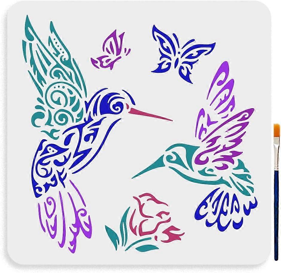 Hummingbird Pattern Stencil 11.811.8inch Large Decorative Hummingbird Flowers Drawing Stencils with Painting Brush