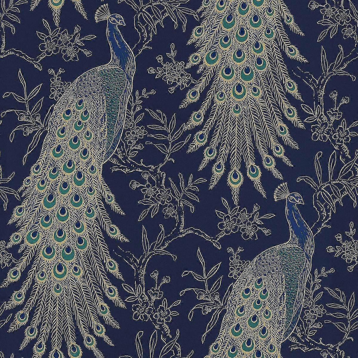 Portfolio Peacock Wallpaper Navy / Gold Rasch 282992