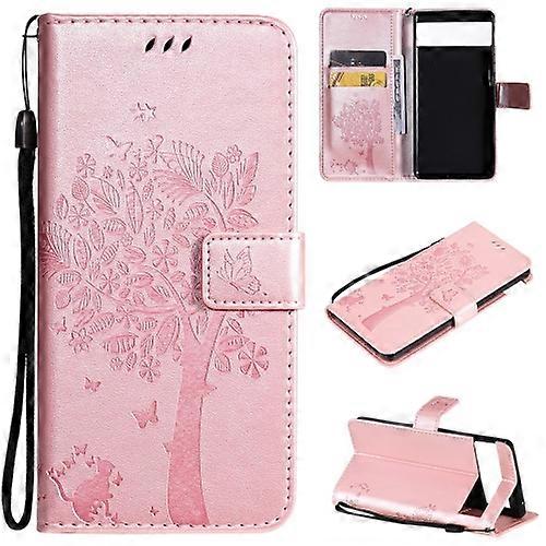 For Google Pixel 6 Pro Tree & Cat Embossed Pattern Horizontal Flip Leather Case