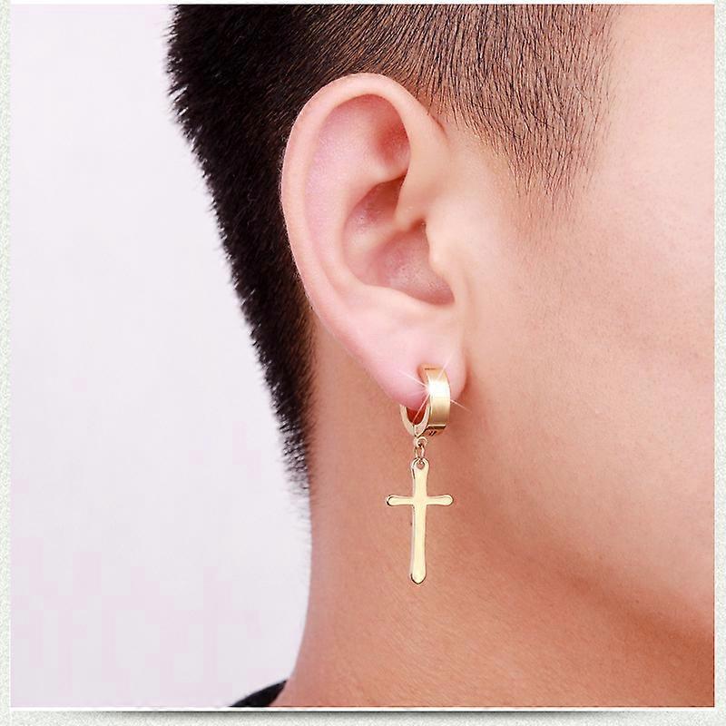 Non Drilled Clip on Cross Dangle Hoop Earrings Set, Stainless Steel No Drilling