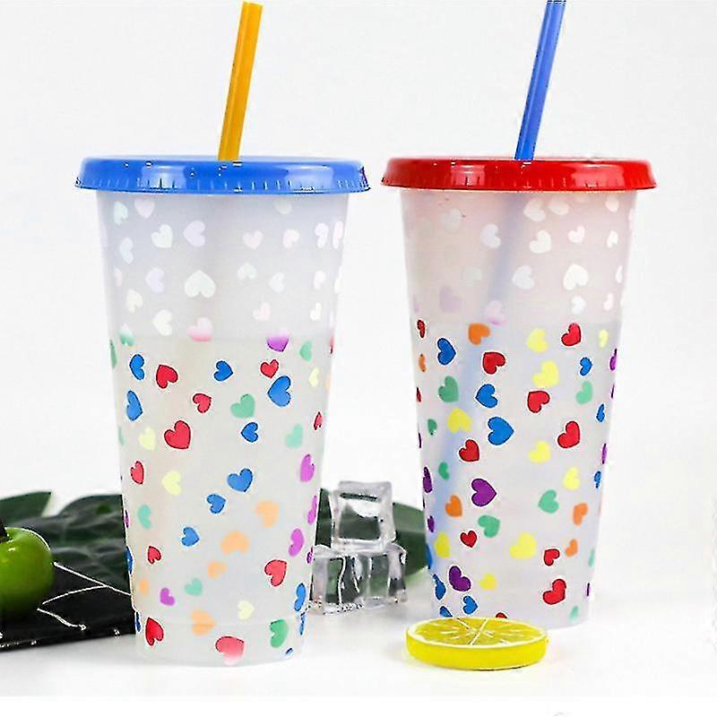 Color Changing Tumbler With Lids And Straw Reusable For Cold Drink Heart Shape Pattern For Adults &amp;