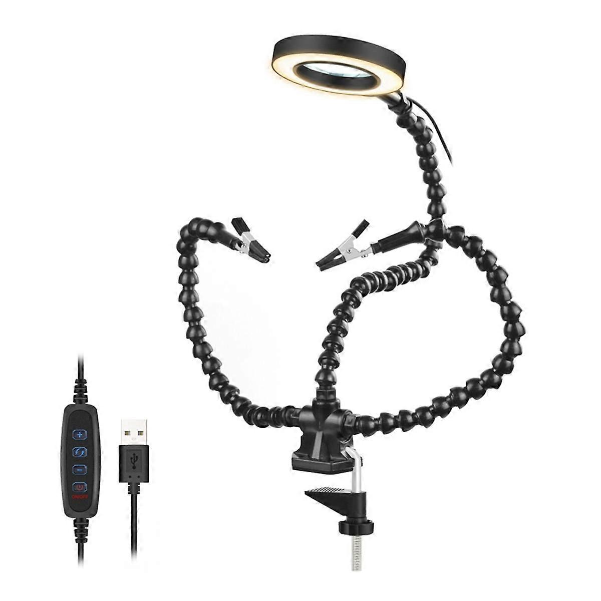 Tabletop Clamp Base Helping Hands Soldering Third Hand Tool with 3X LED Illuminated Magnifying Glas