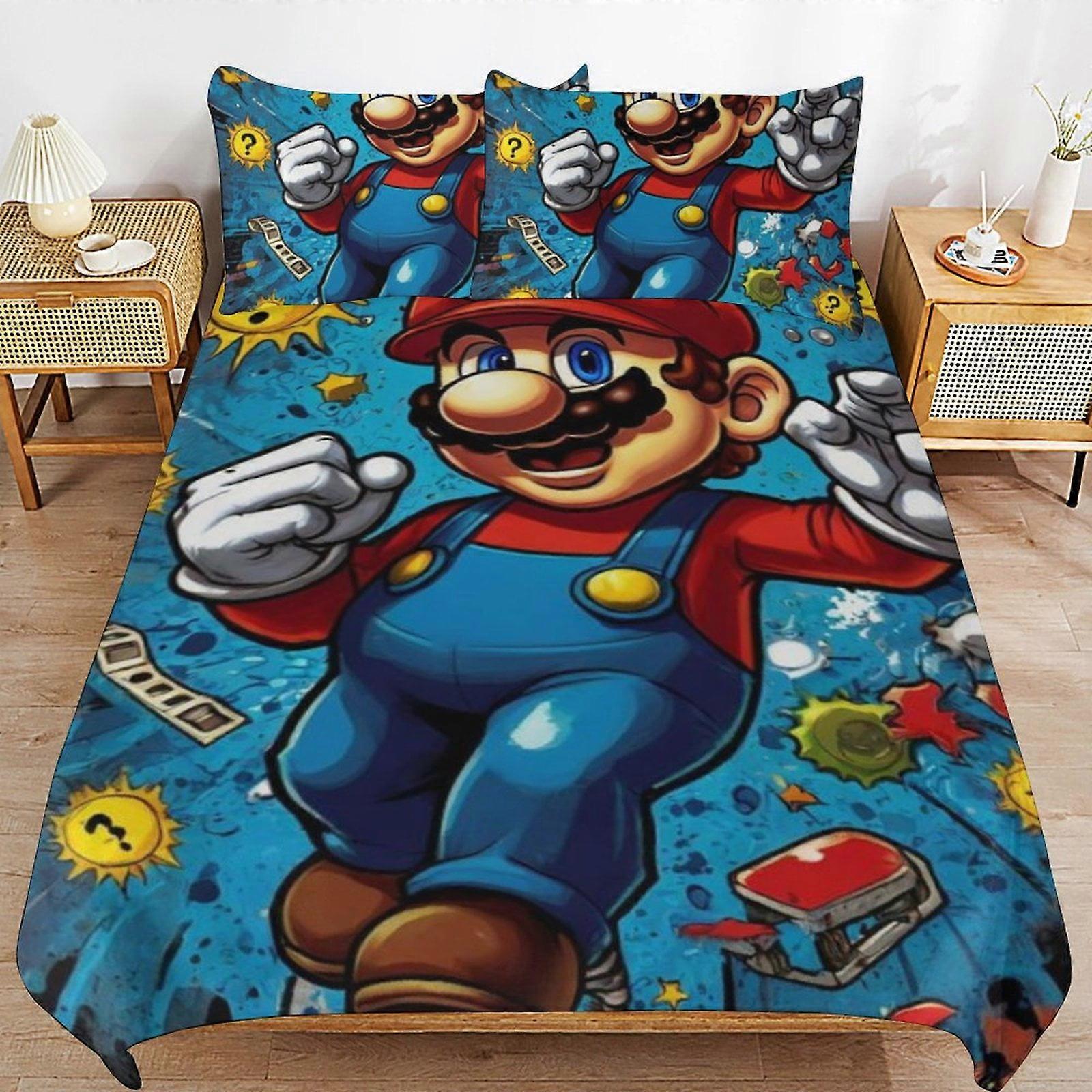 Sängkläder ZM523 Super Mario 3-delat täcke, Mjukt påslakan i mikrofiber med dragkedja, 1 påslakan + 2 örngott TS523