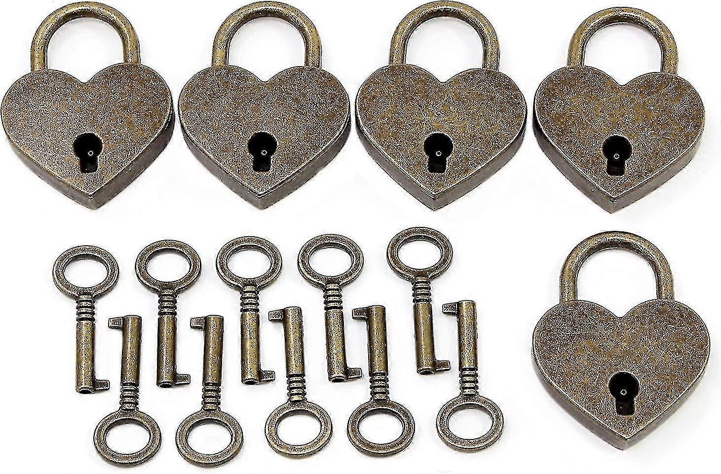 5 Pack Vintage Antique Style Mini Padlocks Key Lock Heart Shape