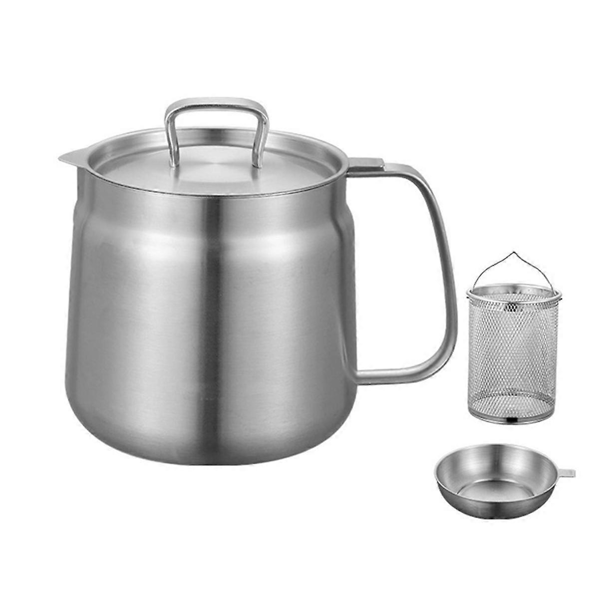 Oil Pot 1.5L, Oil Pot Stainless Steel Large Capacity Oil Fryer and Filter Cup Combo Versatile Oil Filter for Kitchen