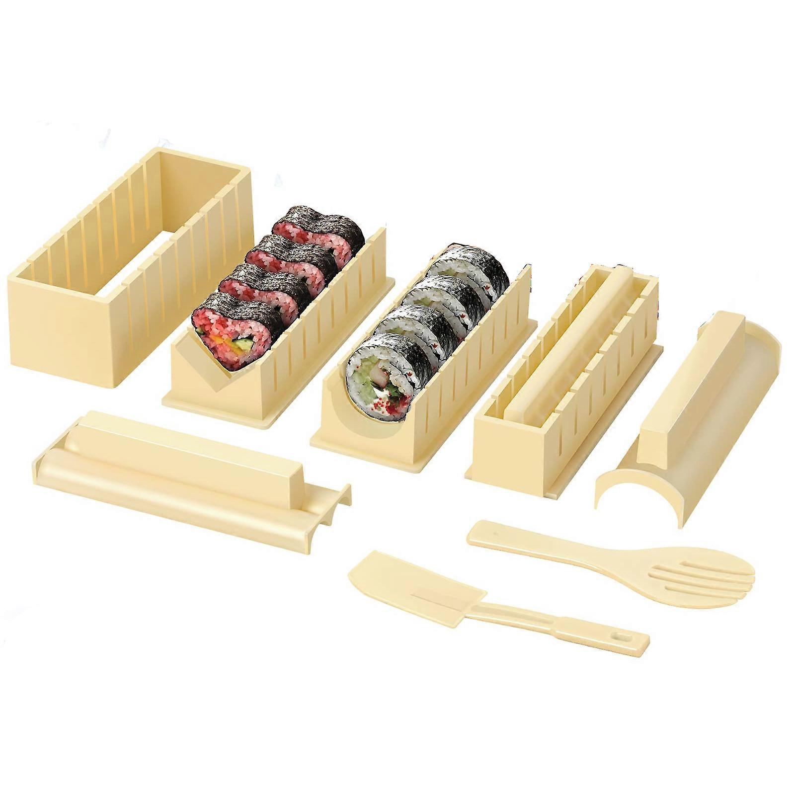 Sushi Maker Kit-All In One Sushi Set 12 Pieces Complete Sushi Making Tool with 8 Different Shapes of Sushi Rice Roll Mould DIY House Sushi Tool Off-Wh