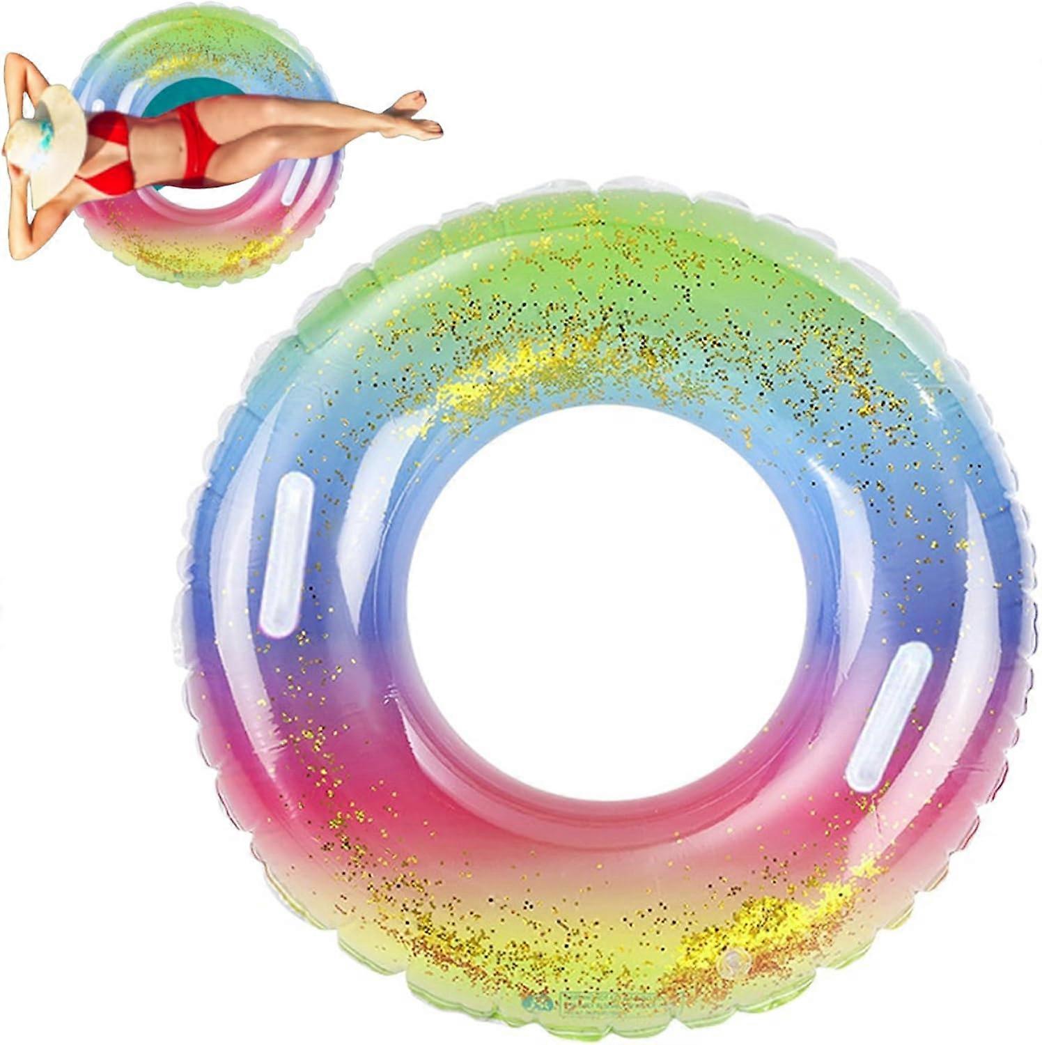 Swimming Ring Ring Adult Inflatable Pool Floats Swimming Ring Rainbow Sequins Floating Ring with Handle Inflatable Swimming Tube