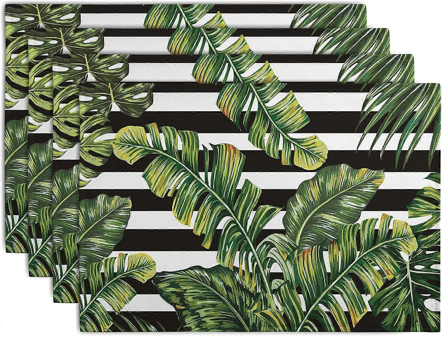 Summer Tropical Placemats Set of 4 Linen Green Palm Leaf Place Mats 12x18 Black and White Striped Banana Leaves Kitchen Table Mats Washable Heat Resis