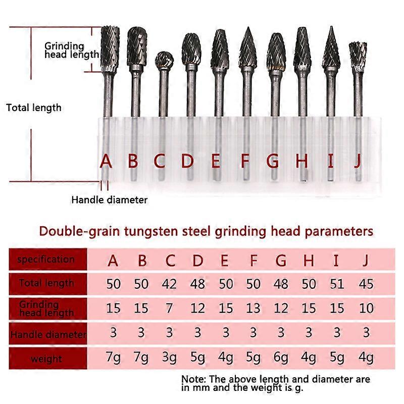 1/8 wolframkarbid roterende burr sett dobbeltkuttet roterende verktøybits 10 stk
