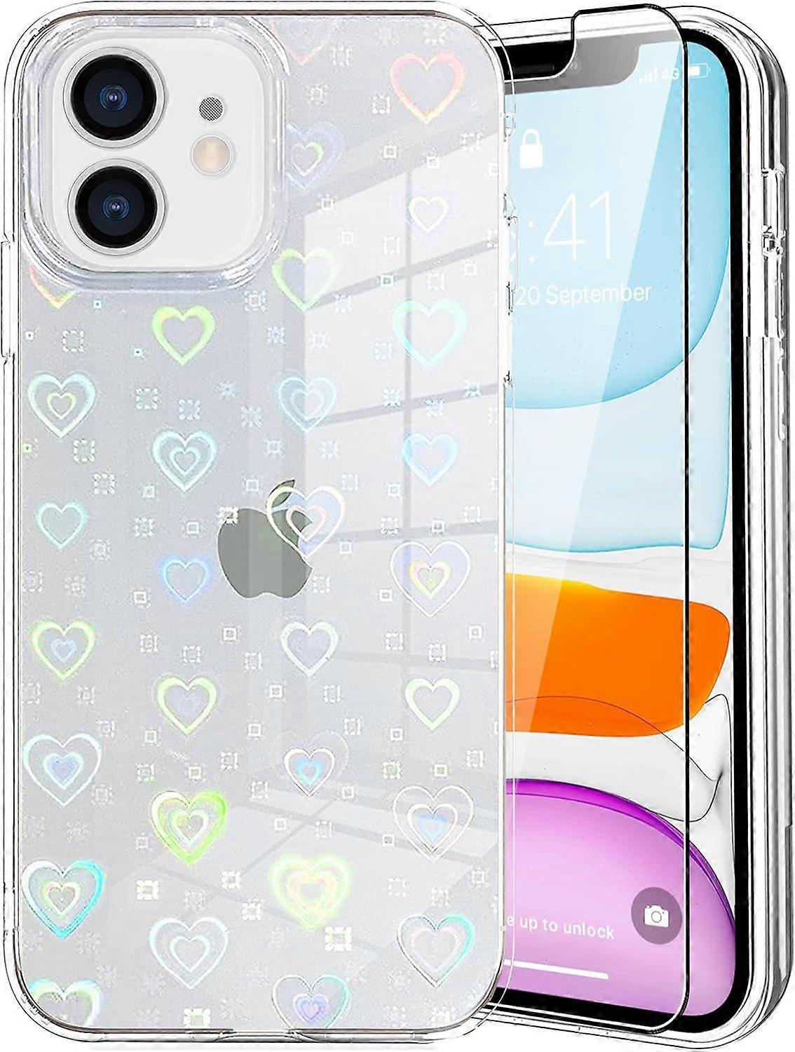 Compatible with iPhone 13 Case + Screen Protector, Colorful Gradient Laser Love Heart Clear Phone Case Shockproof Bumper Protective Slim Transparent C