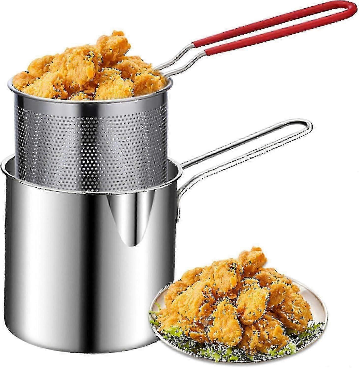 Deep Fryers,Deep Fryer Pot with Basket 2Pcs/Set 1200ml Handled Stainless Steel Chip Pan Uncoated Mirror1
