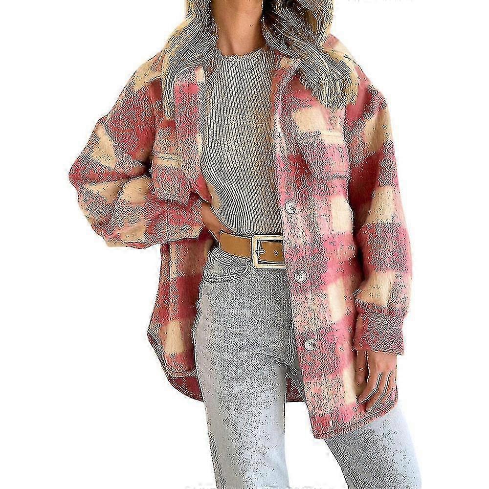 For Women's Oversized Plaid Wool Shacket - Fall & Winter Long Sleeve Button - Down Top