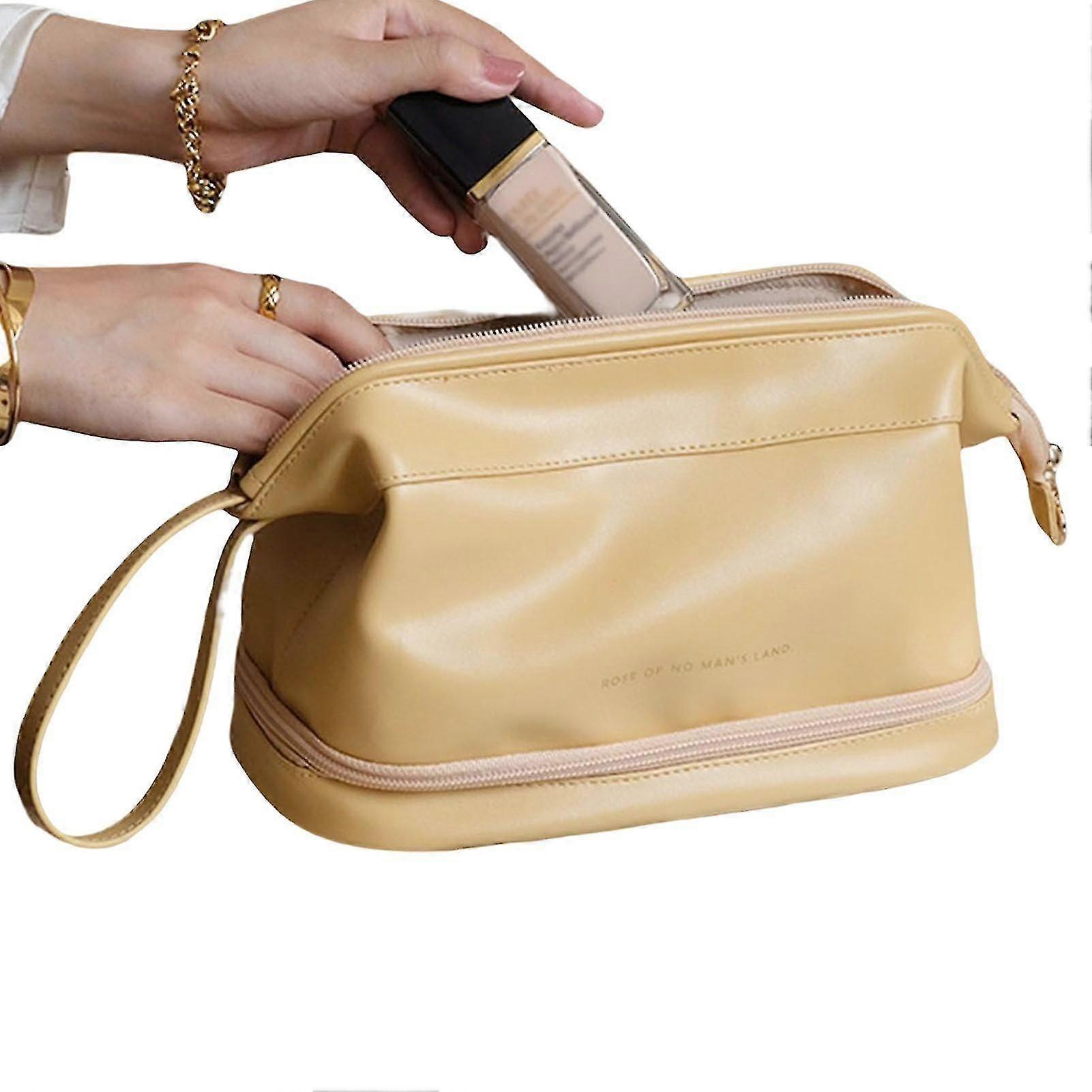 Large Capacity Travel Cosmetic Bag Double Layer Pu Leather Portable Toiletry Bag High Quality