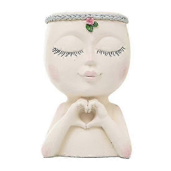 Succulent Planter Little Girl Closed Eyes with Heart Gesture Drainage Hole Face Nordic Sculpture Flo
