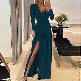 chinese dress ladies Long Sleeve Side Leg Split Maxi Dress Blue