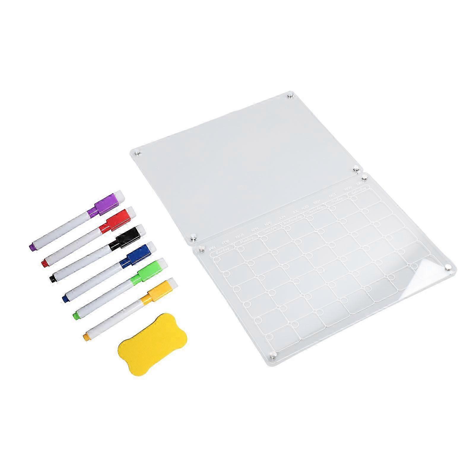 Reusable Magnetic Acrylic Calendar: Clear Dry Erase Fridge Board with 6 Markers & 1 Eraser for Daily, Weekly, Monthly Plans