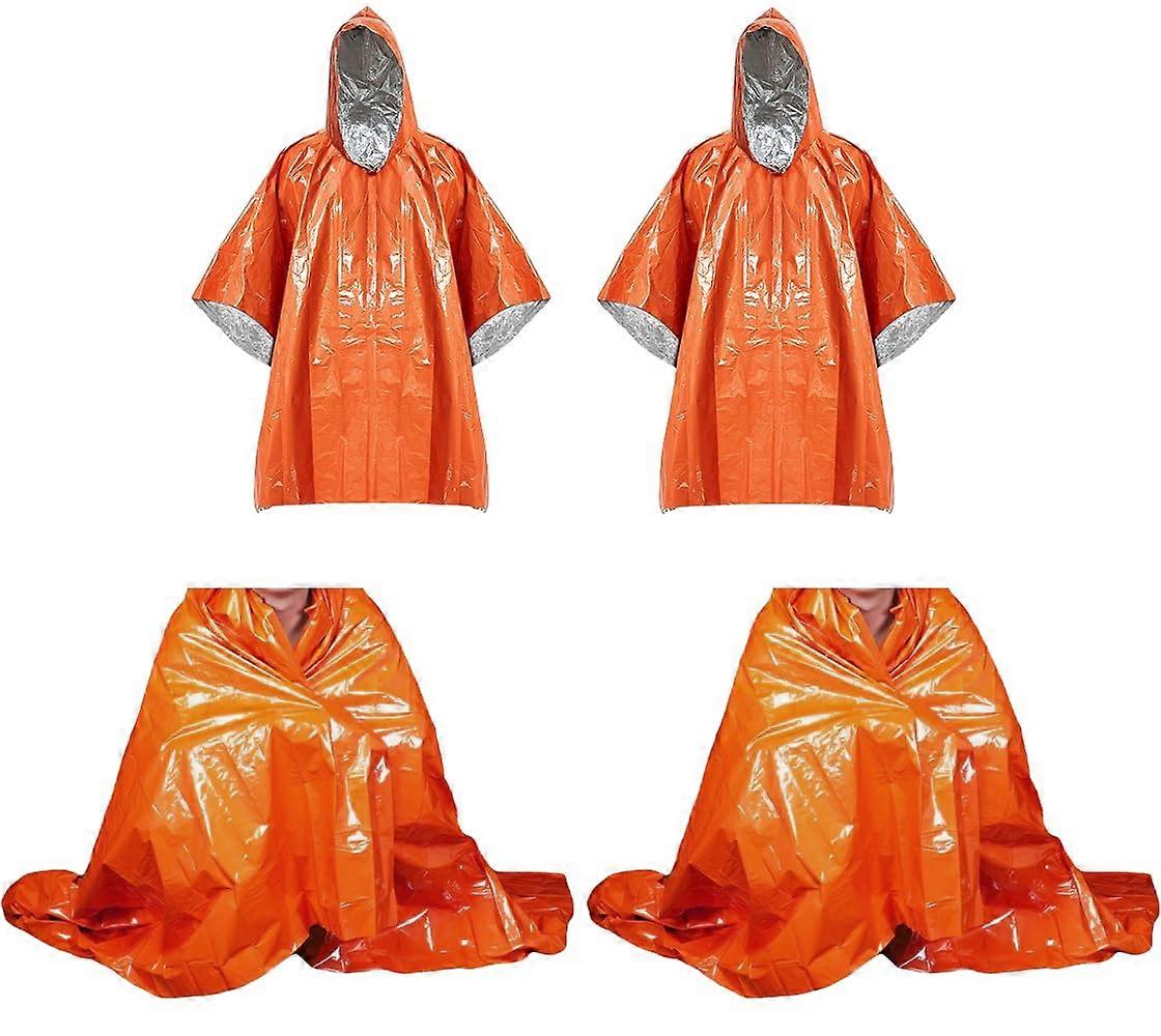 Emergency Poncho (2 Pack) and Emergency Blanket (2 Pack) Set With Mylar Liner Blanket