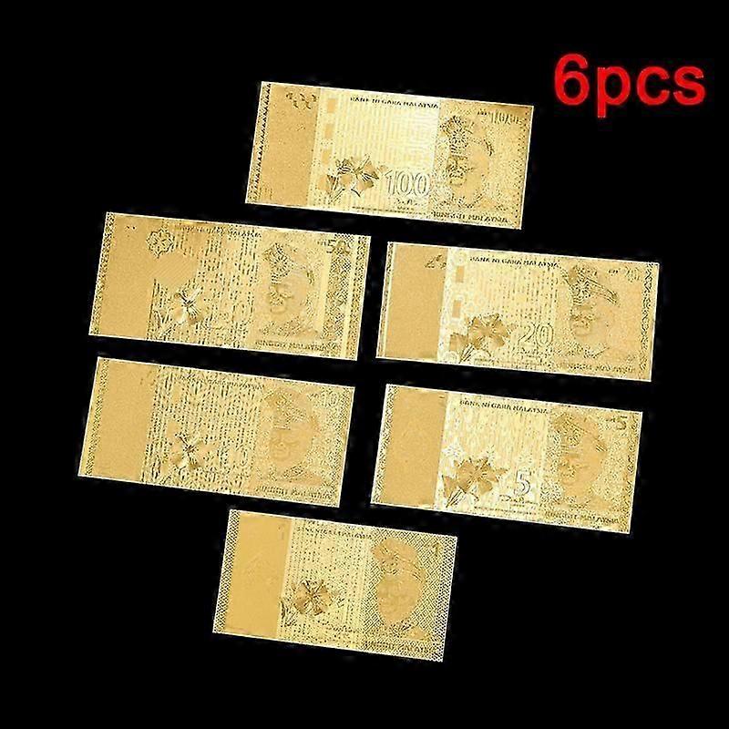 6Pcs Malaysia Gold Foil Banknote Ringgit Currency Note Collection Gift Souvenirs