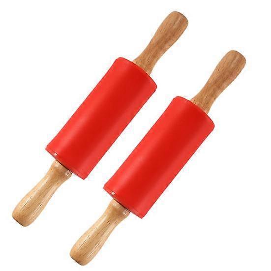 2 Pcs Small Rolling Pins Children DIY Baking Tool Food Grade Silicone Non-sticky Wooden Handle Smooth Edge Dumpling Dough Kis Rolling Pins Toy
