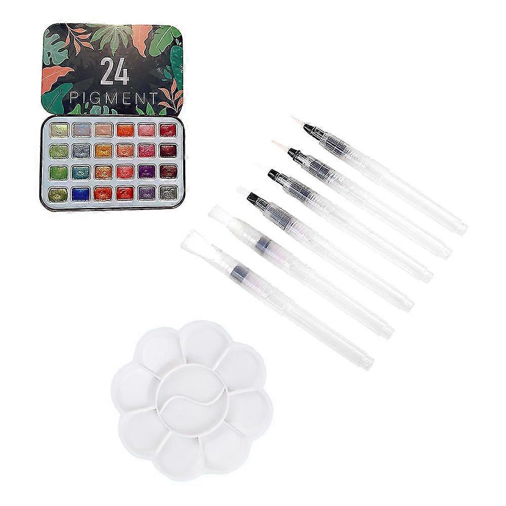 24 Colors Pearlescent Pigment Watercolors Set Shining Metallic Gouache Paint Portable Iron Palette