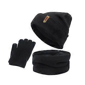 Knit Slouch hat Skiing Neck Warmer Scarf Touchscreen Gloves 3/Pcs Set with Fleece for Men Women