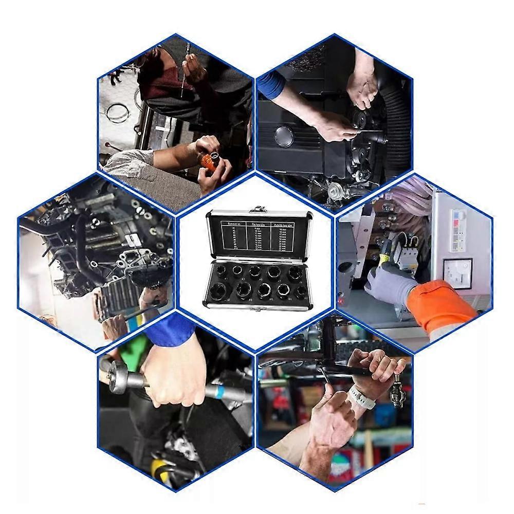 11PCS Impact & Nut Remover Bolt Extractor Removal Tool Set 9-19mm with Socket Adapter Aluminum Storage Box