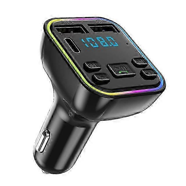 Car Bluetooth FM Transmitter with PD Type-C Dual USB 3.1A Quick Charger for Vehicle Cigarette Lighter Socket, 7 Colors LED Light, Hands-Free