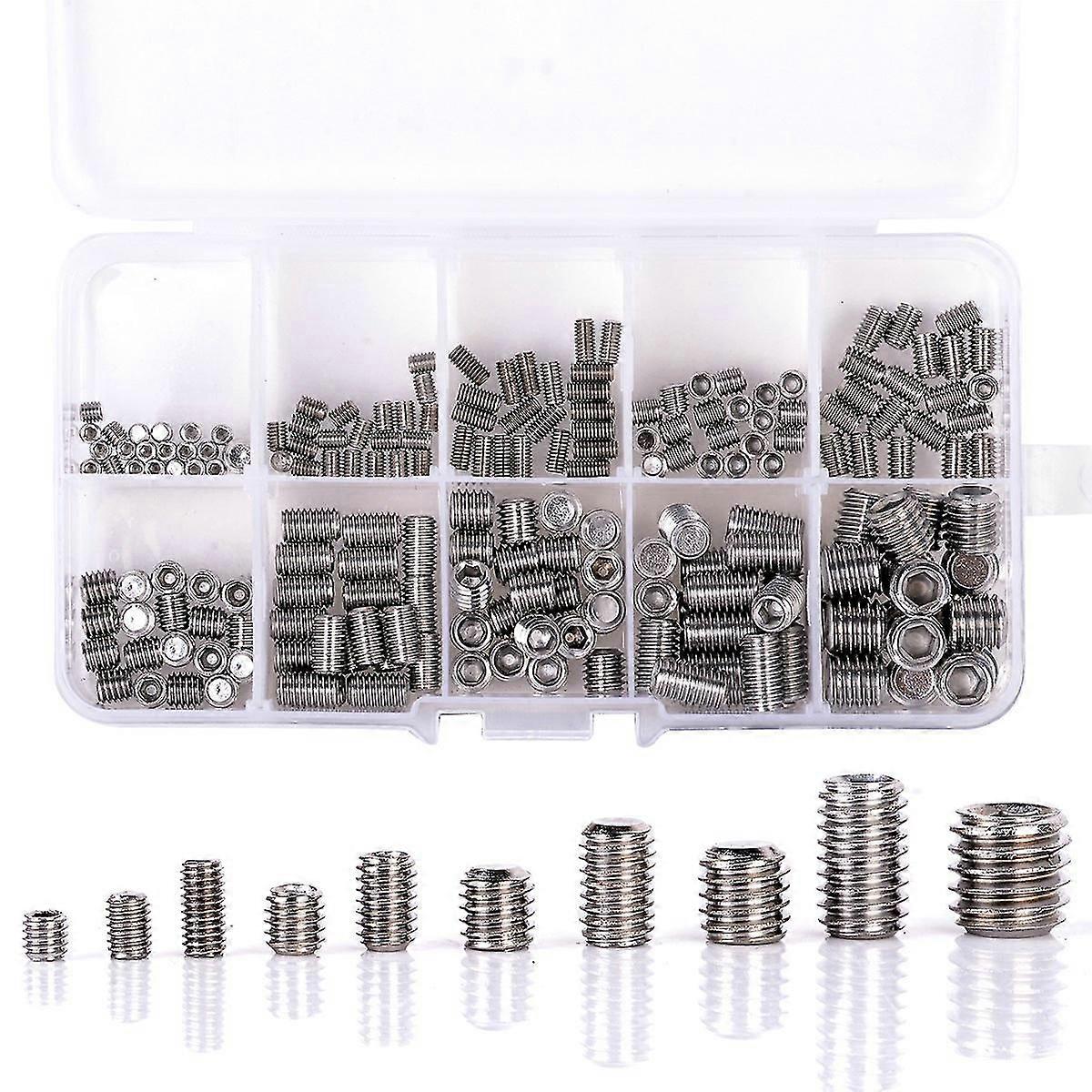 200Pcs 304 rustfritt stål Grub Skruer Hex Socket Skrue Sortiment Kit Sett M3 / M4 / M5 / M6 / M8