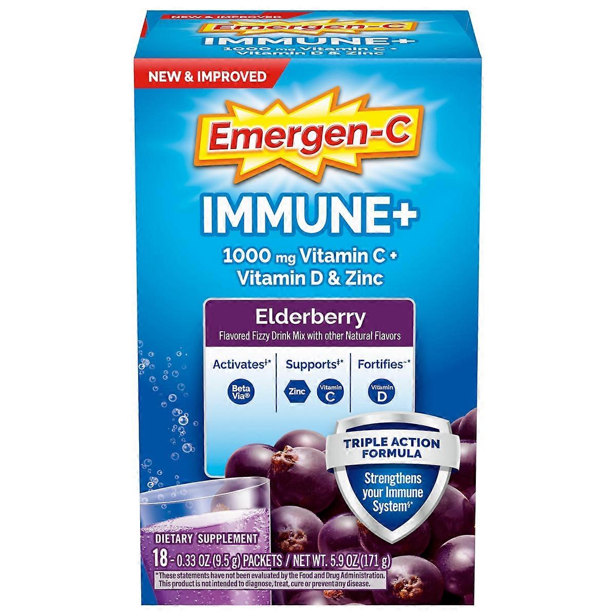 Emergen-c Immune+ Complément alimentaire en poudre pour boisson avec vitamine C - Sureau - 18 sachet