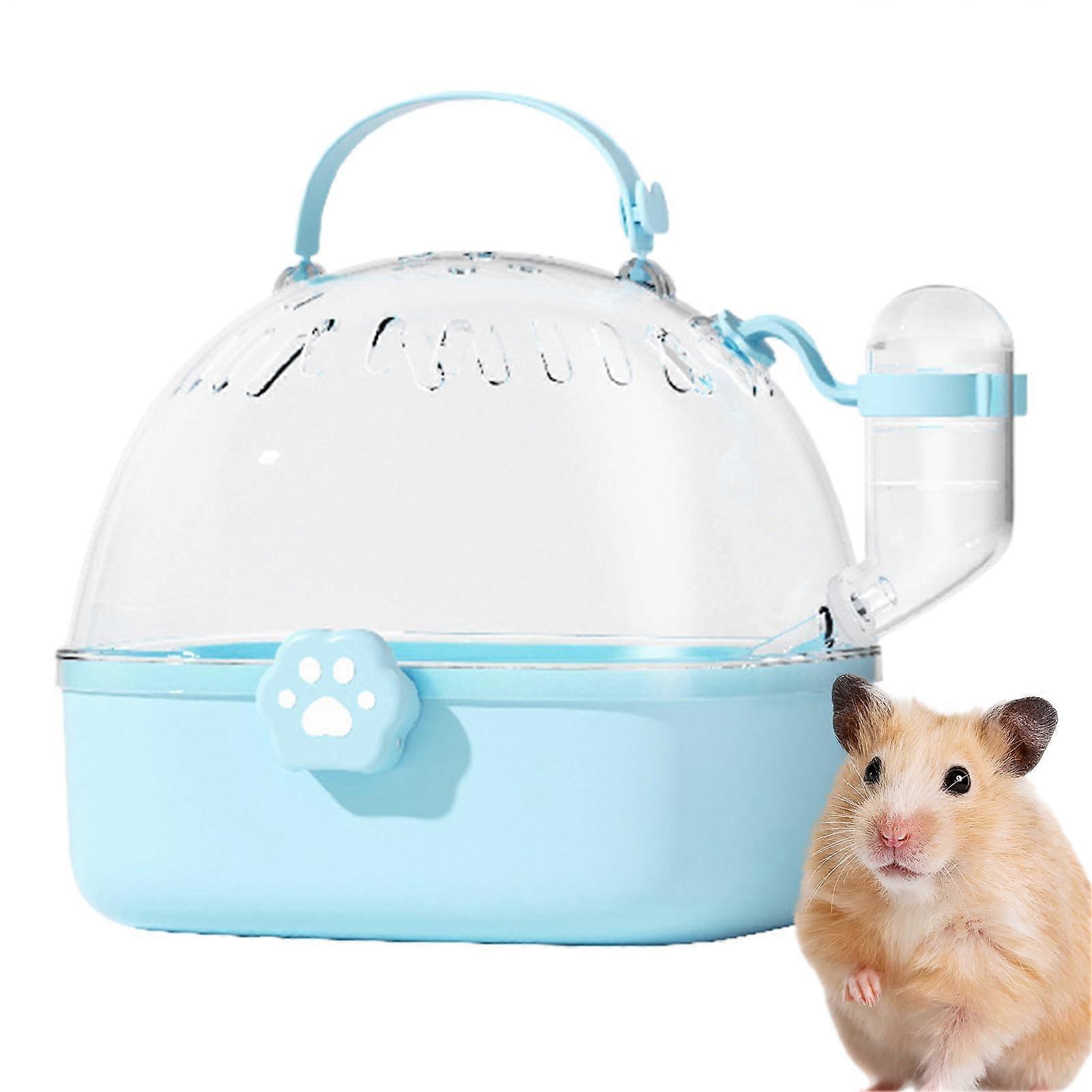 Hamster Carrier Cage For Transport And Outdoor Use, Portable Transparent Panoramic View, With Water Bottle, Blue